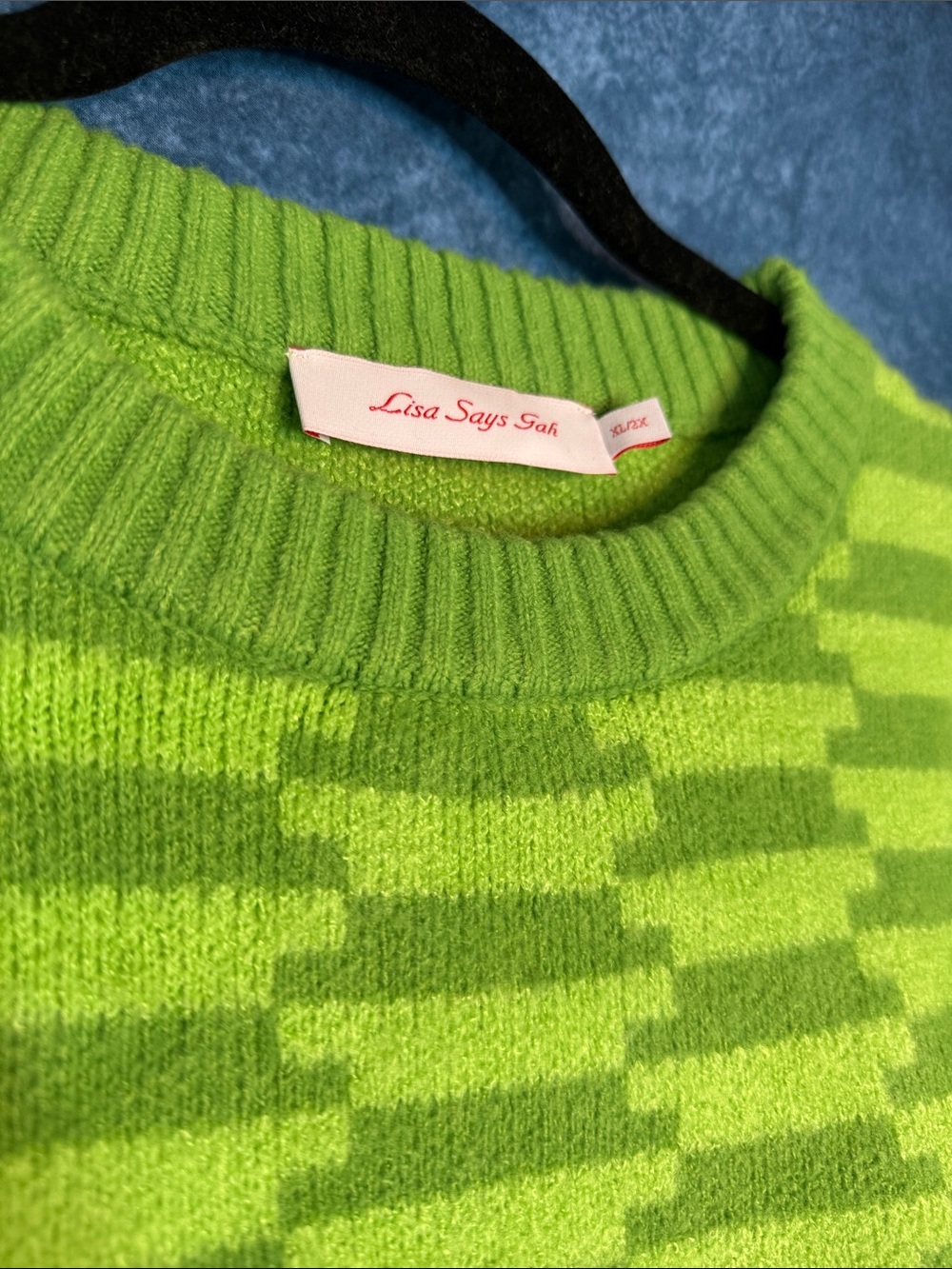 Lisa Says Gah Neon Lime Checkerboard Crewneck Sweater - Picture 2 of 6